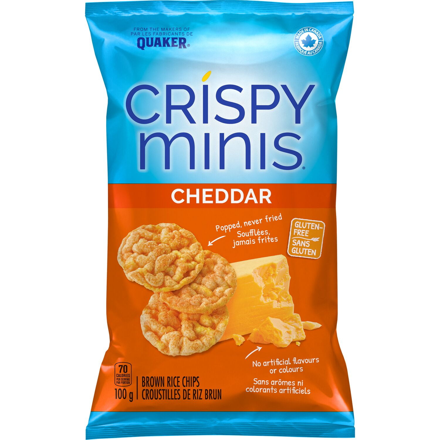 Quaker Crispy Minis Brown Rice Chips Cheddar Cheese, 100 g.