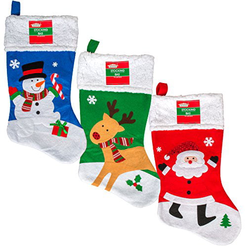 Set of 3 Pack: Christmas House Felt Character Santa, Snowman and Elf  Stockings, 18 inch 