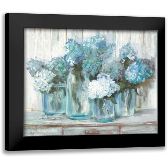 Rowan, Carol 14x12 Black Modern Framed Museum Art Print Titled - Hydrangeas in Glass Jars Blue
