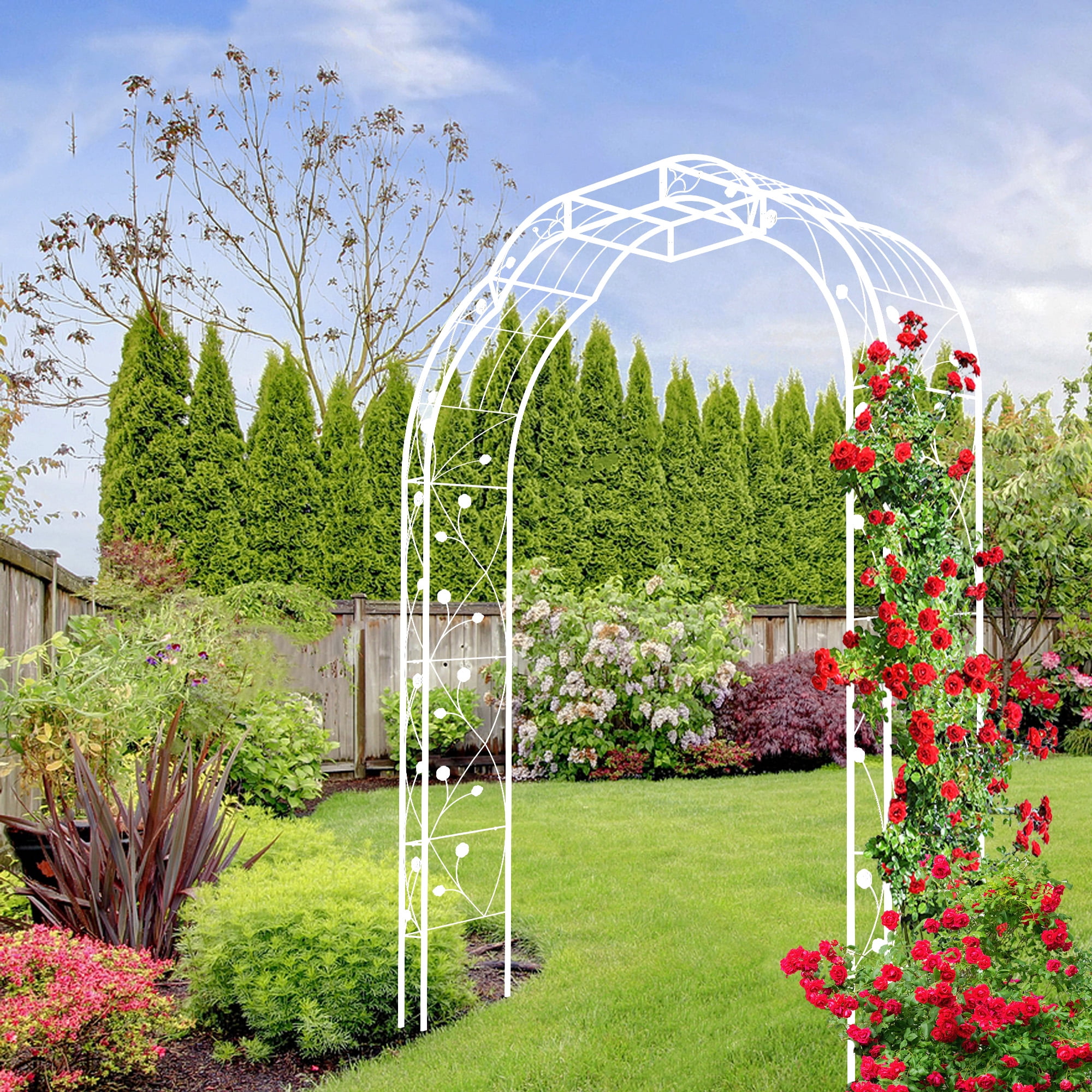 Aukfa Metal Garden Arch, Garden Arbor Trellis Climbing Plants Wedding Arch,74.4" x 98.4", White