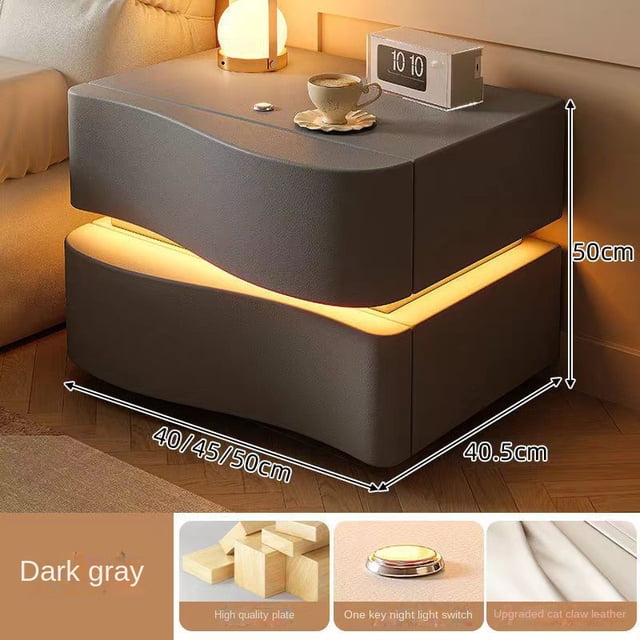 gabinete de almacenamiento pequeño y creativo, mesita de noche, mesita de noche, muebles de dormitorio, hogar moderno y simple en gris oscuro; vista 3/4 frontal de dos módulos apilados con dos cajones, superficie plate-type con bordes curvos, luz LED cálida integrada entre los módulos, medidas mostradas (40/45/50 cm ancho, 50 cm alto), estilo moderno y uso autónomo, marca Hola zidong; adecuado para guardar cargadores y accesorios junto a la cama.