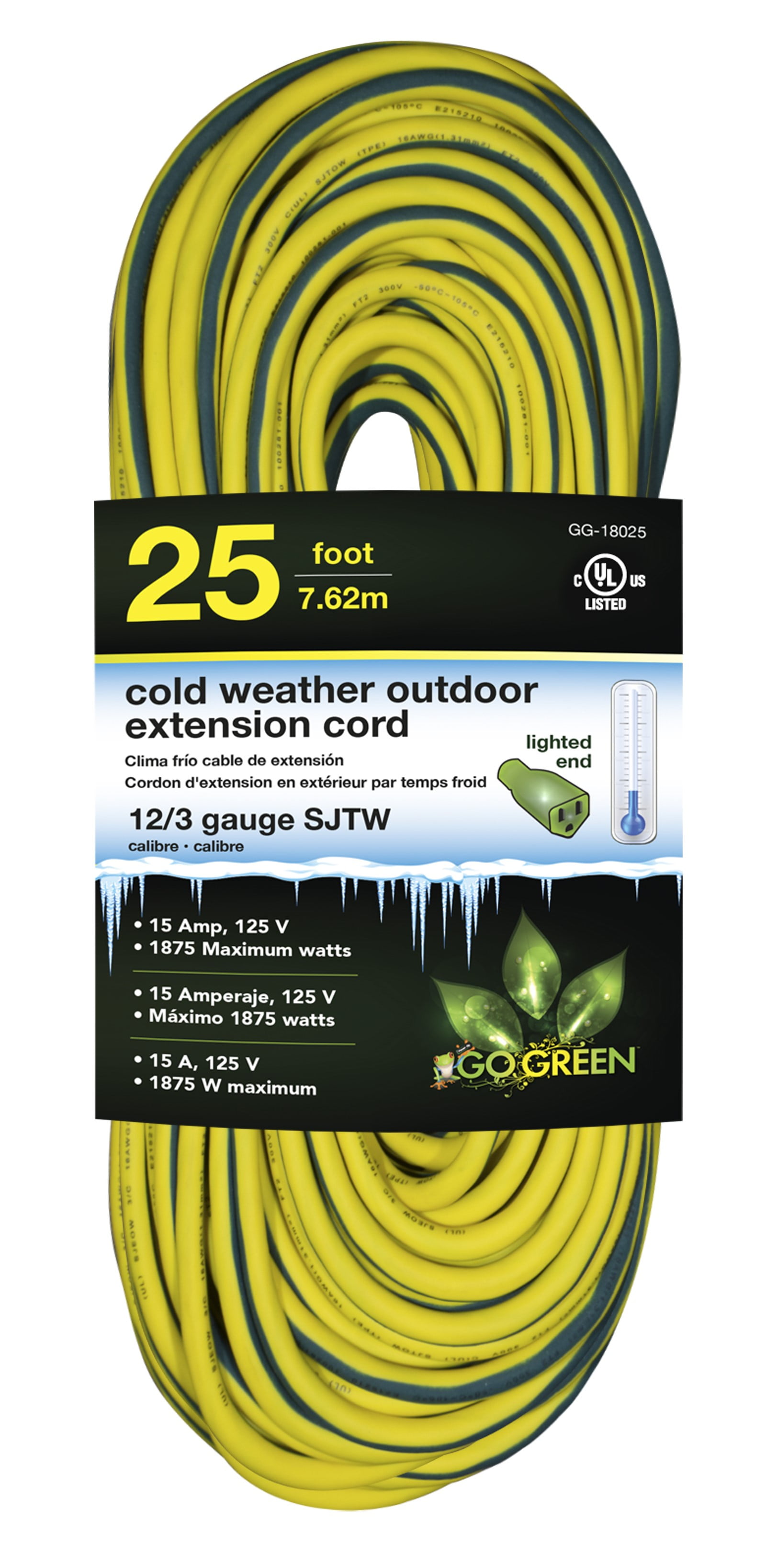 GoGreen Power 12/3 25' Cold Weather Extension Cord - Lighted End