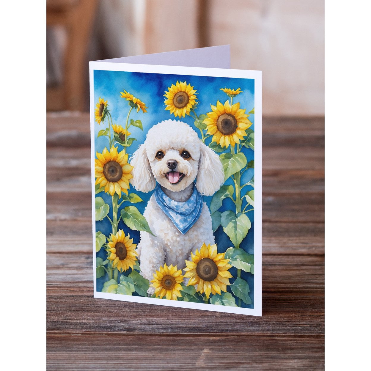 White Poodle in Sunflowers Greeting Cards Pack of 8 7 in x 5 in