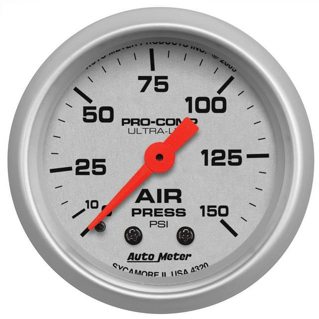 AutoMeter Gauge Air Pressure 4320 Ultra-Lite; 2-1/16 Inch; Mechanical; 0-150 PSI; Analog; White Face/Brushed Bezel/Orange Needle; Illuminated