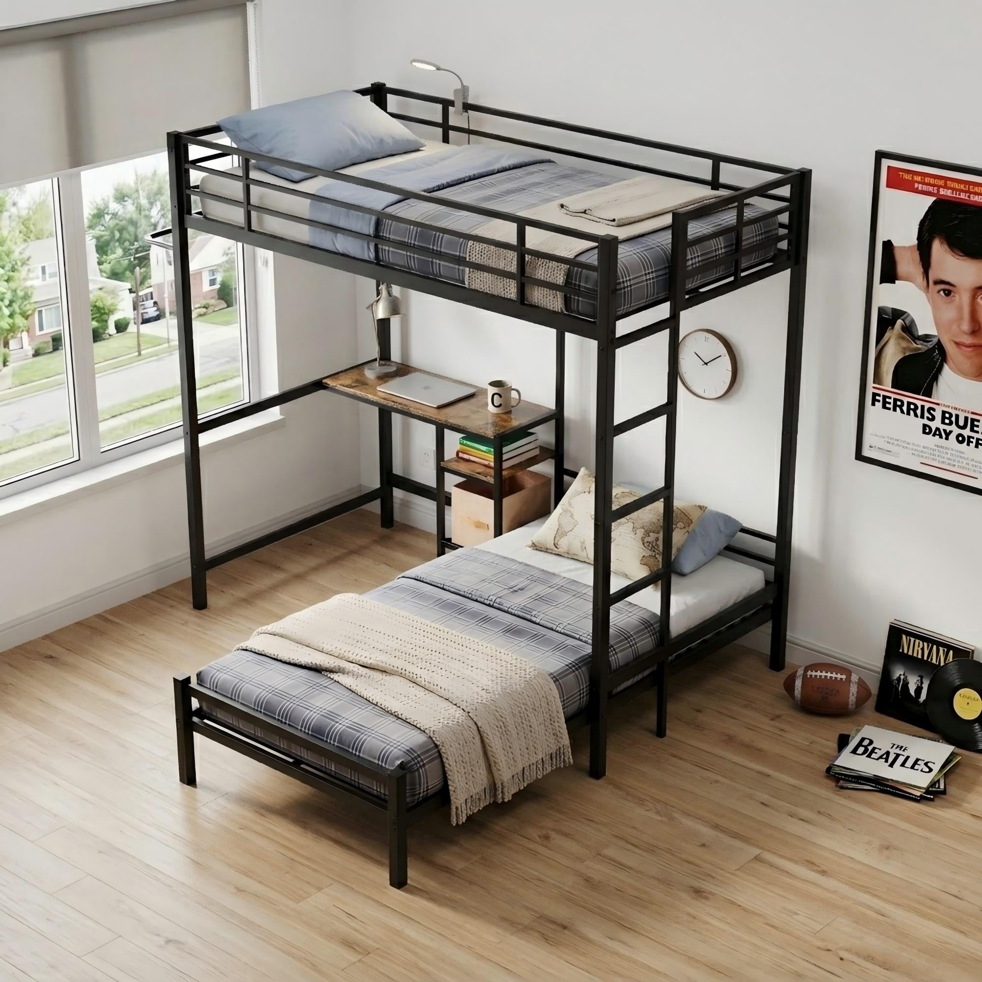 Aukfa Twin over Twin Bunk Bed with Desk, LED Light & Storage Shelves, L-Shaped Metal Bunk Bed for Teens & Kids, Black
