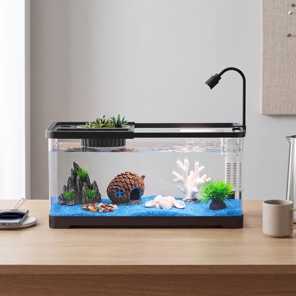 Dragonpad Fish Tank Starter Kit 8-Piece with Lid, LED Light, Filter & Air Pump — Complete Aquarium Set for Betta & Goldfish, Small & Large, Black