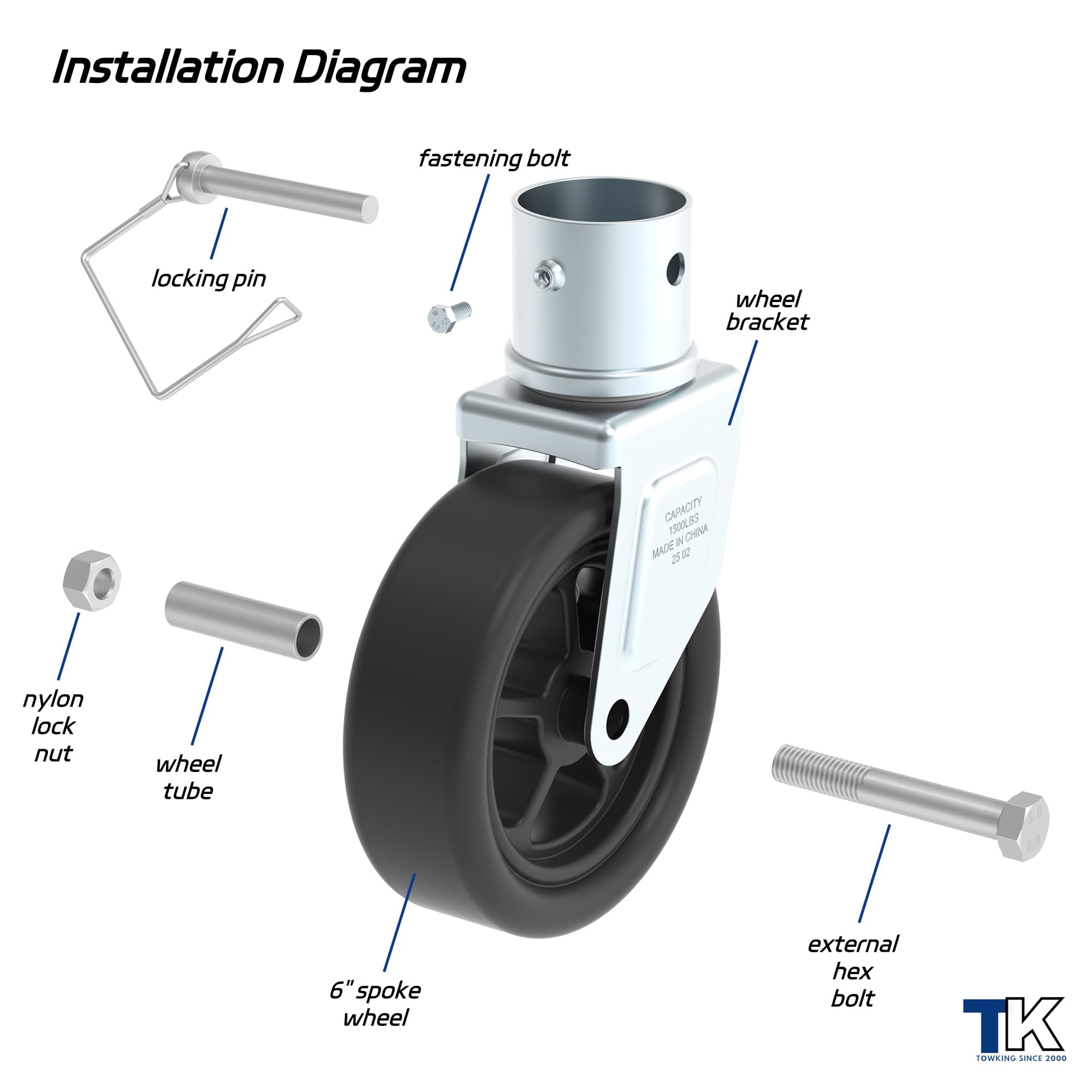 TOWKING 1500lbs 6" Trailer Jack Swivel Caster Replacement with Upgraded Spoked Wheel and Pin, Silver