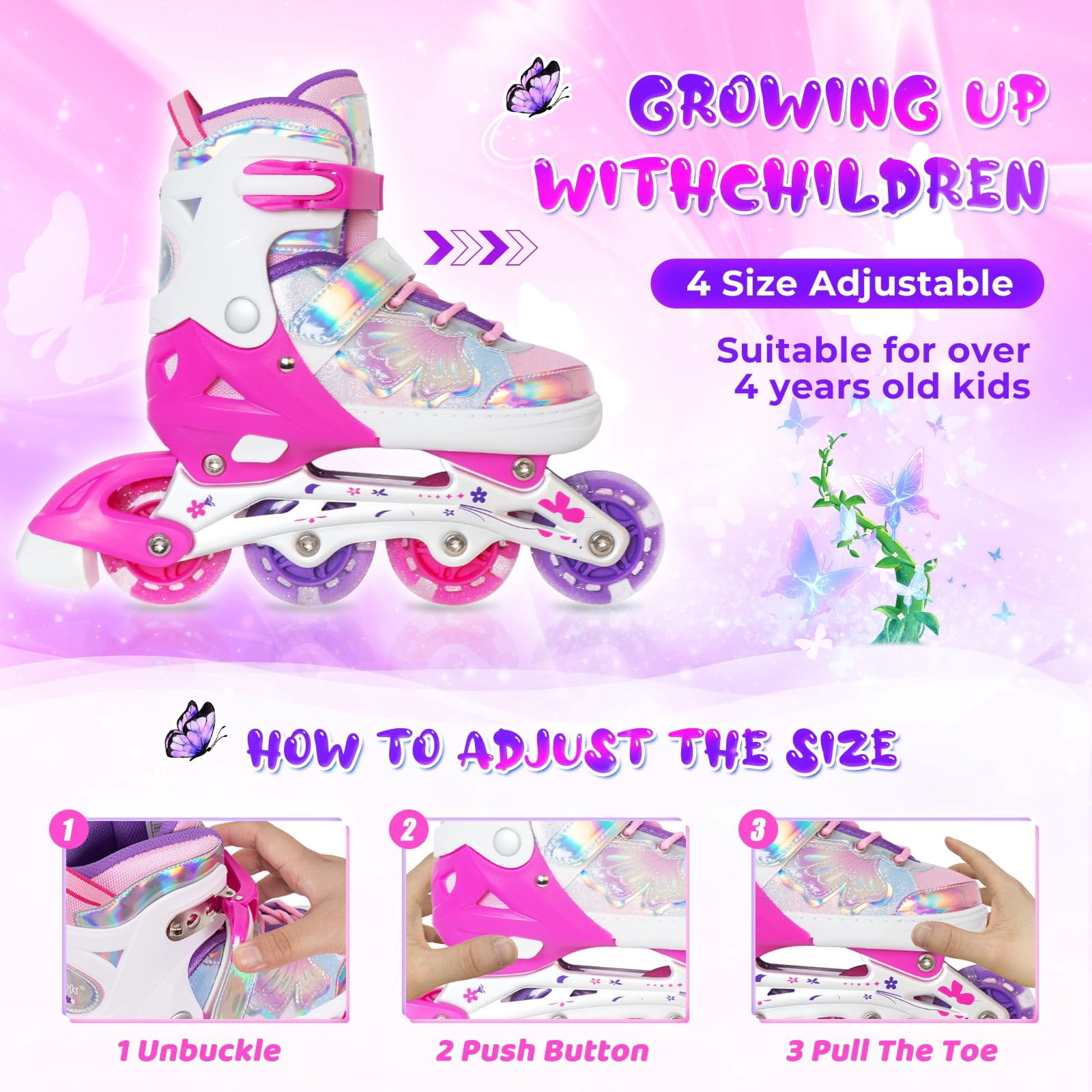 MammyGol Adjustable Inline Skates for Kids - Butterfly Design Youth Roller Skates with Safety Brake, Breathable Liner(Rose, Sizes 1-4 Adjustable)