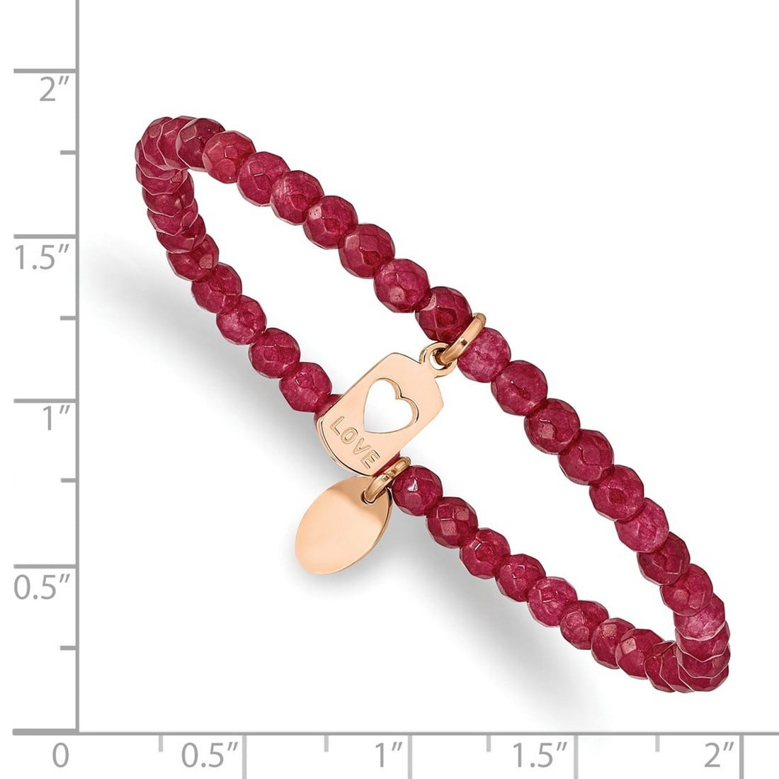 Stainless Steel Polished Rose Ip Plated Love 4mm Red Dyed Jade Beaded Stretch Bracelet Stretch Bracelet for Women