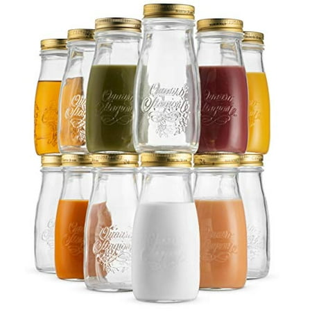 ShopoKus Quattro Stagioni Glass Drinking jar bottle 13½ Ounce (12 Pack) Milk Bottles with Gold Metal Airtight Lids, For Juicing, Smoothies, Homemade Beverages Bottle, Reusable Glass Water