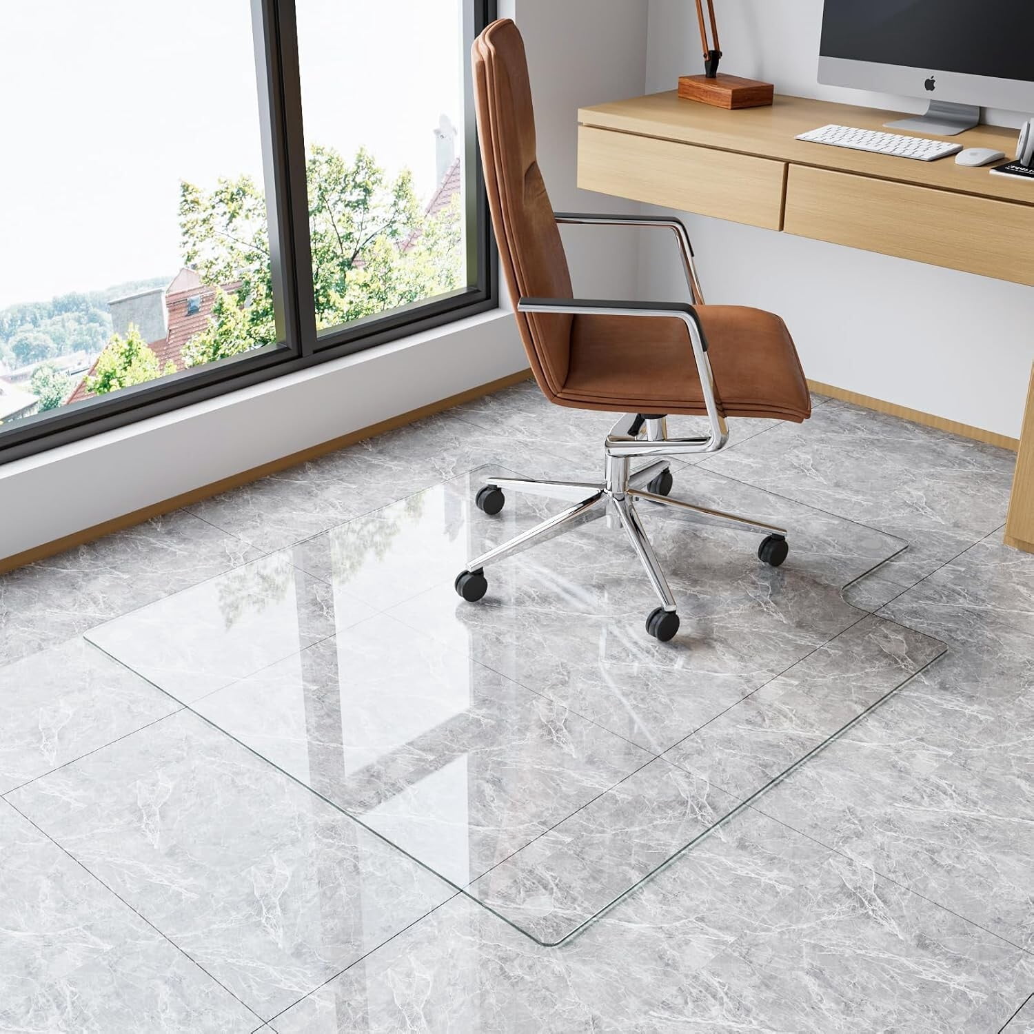 Easy4Home 53"x45" Glass Chair Mat for Office Chairs, Irregular Shape Tempered Glass Floor Protector Heavy Duty Desk Chair Mat, Clear