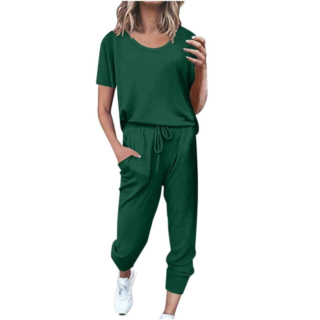 Yuyuzo Ensembles d'Entraînement pour Femmes 2 Pcs T-Shirts à Manches Courtes à Col Ras du Cou Pantalons Jogger à Cordon avec Poches