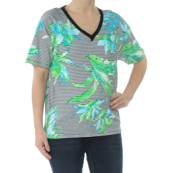 RALPH LAUREN Womens Black Pinstripe Floral Short Sleeve V Neck T-Shirt Petites S