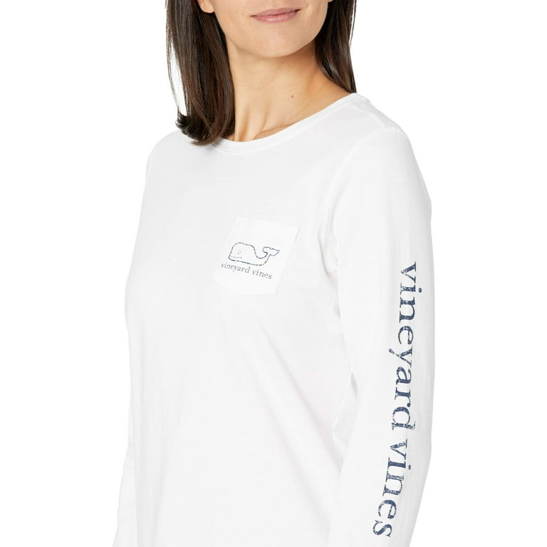 vineyard vines Women's Long-Sleeve Vintage Whale Pocket T-Shirt (White Cap,  Medium)