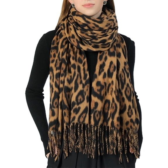 Women Fashion Leopard Winter Scarf Soft Long Double-sided Style Tassels Oversize Warm Shawl Scarves Wraps