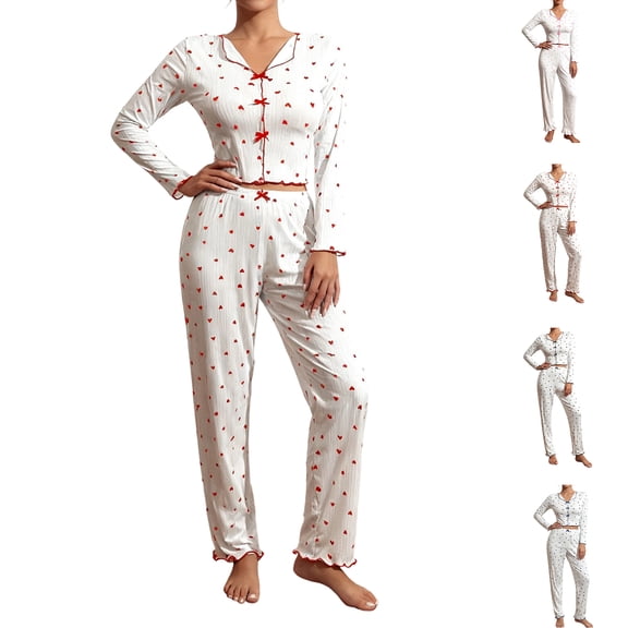 Youpwaven Women's Heart Print Valentines Pajama Set – Long Sleeve Cute Cropped Loungewear with Bowknot Decor - 2-Piece Ribbed Pjs with Ruffled Trim Sleep Sets for Women, Black, Size L