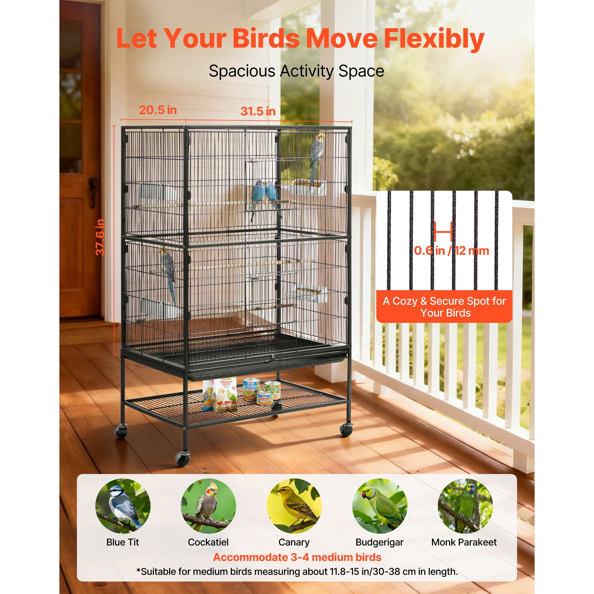 KFFKFF Bird Cage, 31.5 x 20.5 x 52 inch, Flat Top, Durable Wrought Iron Design with Perches, Removable Tray, Plastic Feeders, and Casters, Suitable for Parrot, Blue Tit, Cockatiel, Canary