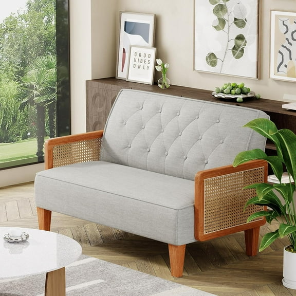 Love Seat Settee Mini Couch Upholstered Sofa with Natural Rattan Armrest Backrest Button Tufted Buckle Couch Banquette Loveseat for Dining Living Room Bedroom Light Grey