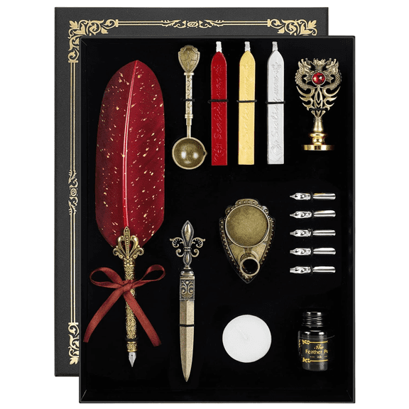 Karhood Quill Pen and Ink Feather Calligraphy Dip with Wax Seal Stamp Kit Red
