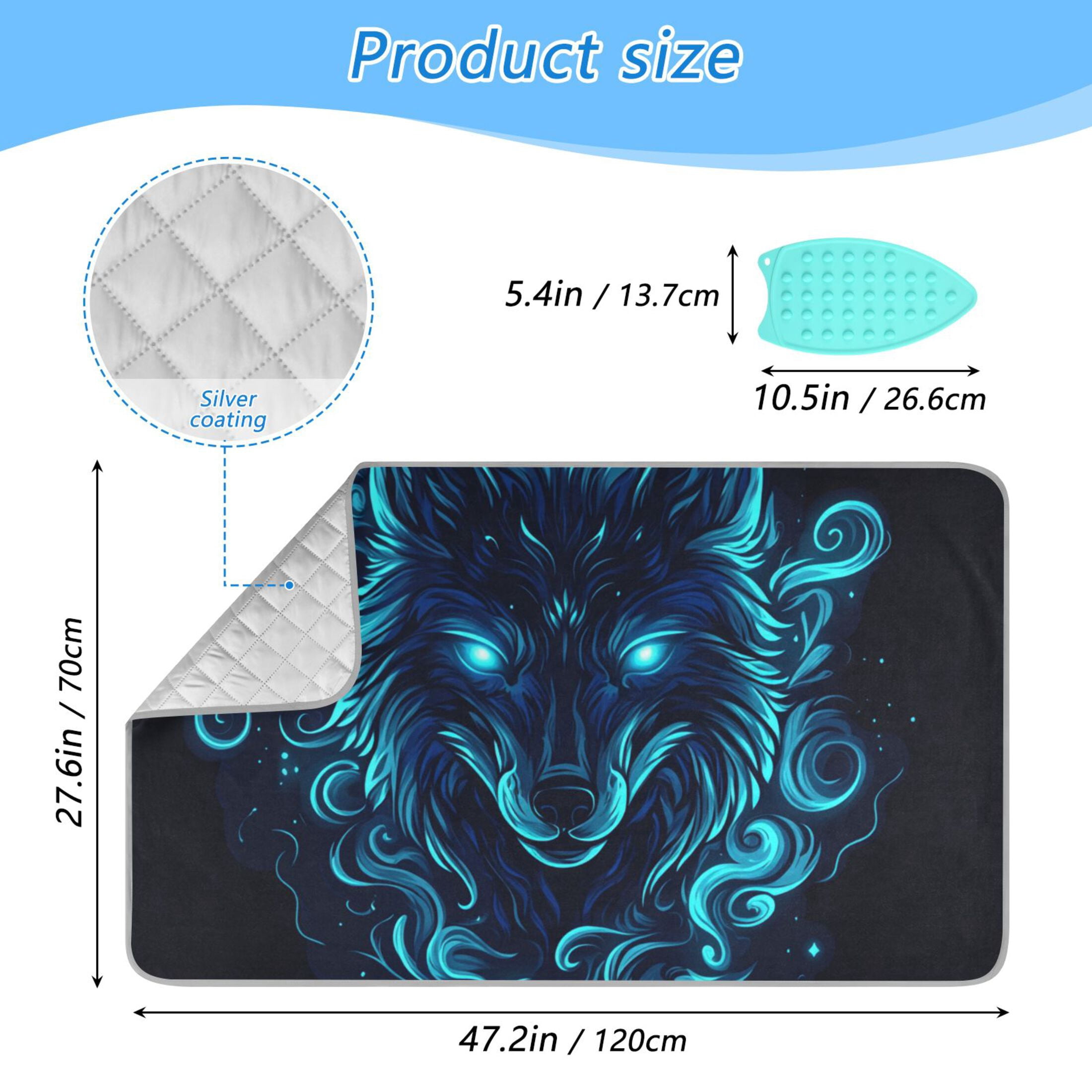 Blue Neon Wolf Face Ironing Mat Blanket Portable Travel Ironing Pad Heat Resistant Pad 47.2" x 27.6”