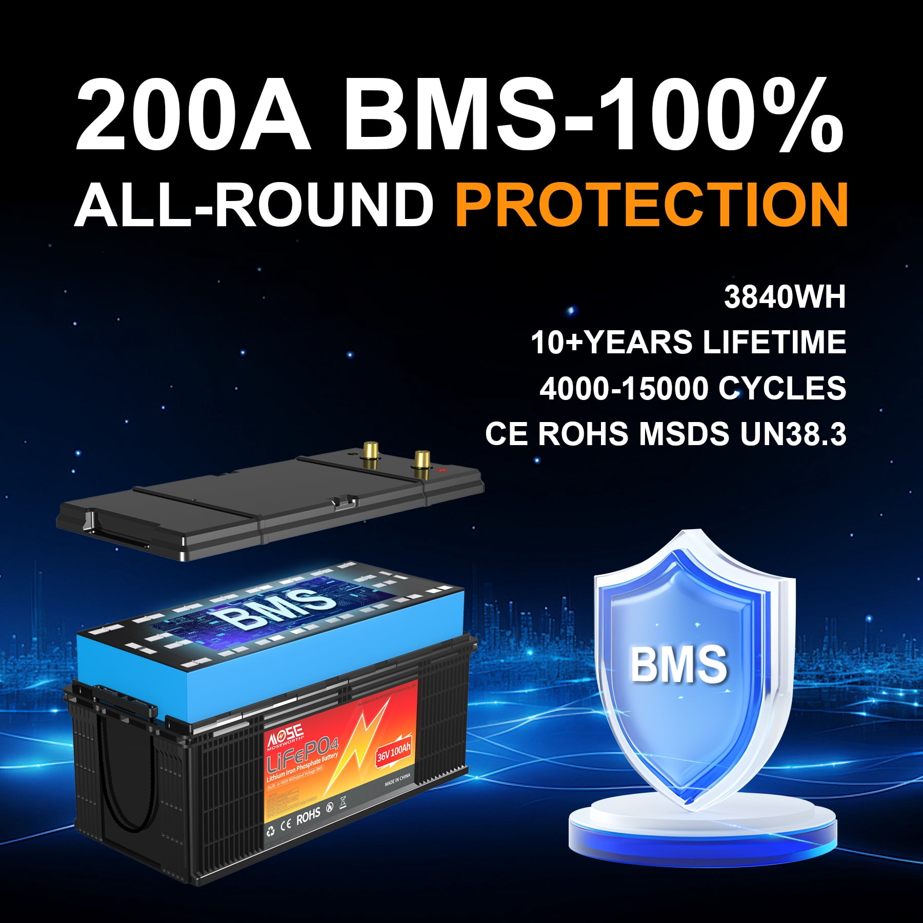 36V 100Ah LiFePO4 Battery,200A BMS,MOSEWORTH for Golf Carts,RV,Marine,Trolling Motor,Solar,Camping,Boat,15000+Deep Cycles Battery with a Charger