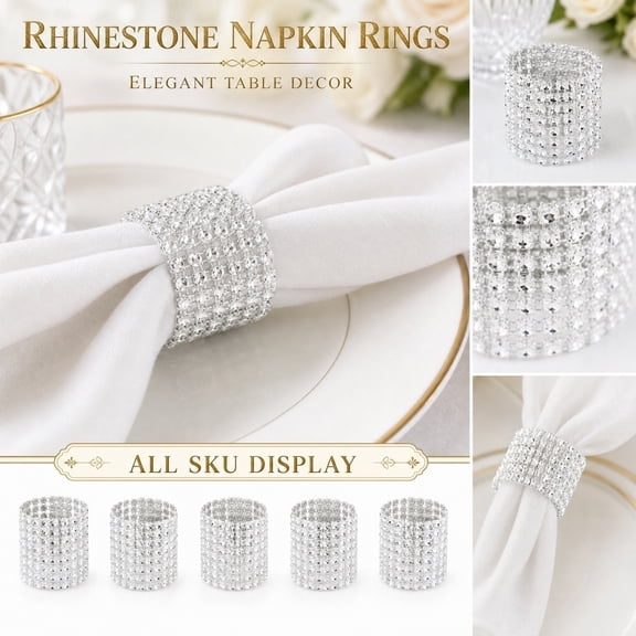 Napkin Ring Silver Rhinestone 50 Pack Hollow 8-Row Mesh Diamond Napkin Holder for Wedding Banquet Birthday Party Dining Table Decoration