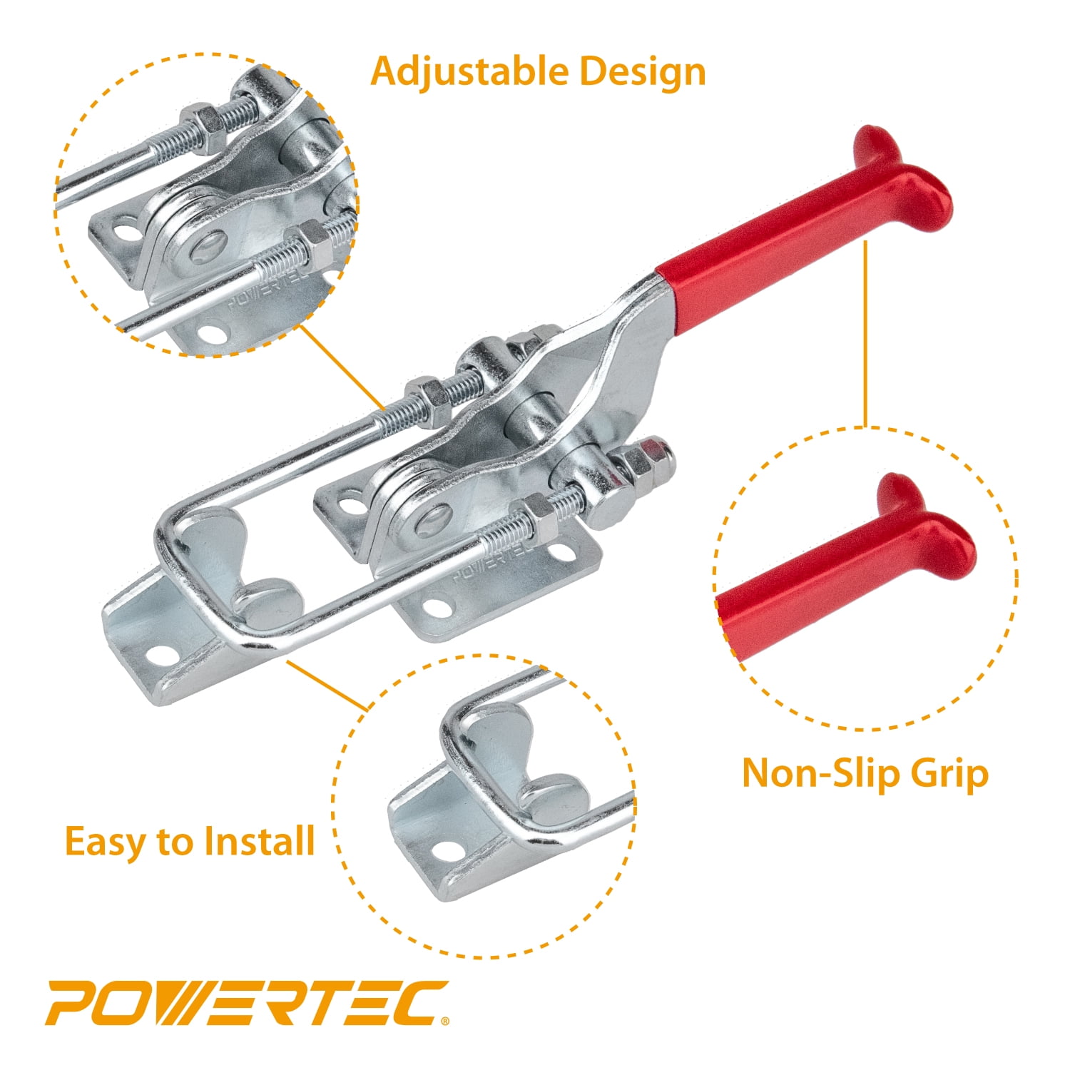POWERTEC 2PK Toggle Clamp, 2000 lbs Holding Capacity, 40341 Adjustable U Bolt Latch w/Antislip Hand Grip for Woodworking Jigs & Fixtures, Smoker, Tire Carrier, Tool Box, Cabinet, Truck (20306-P2)