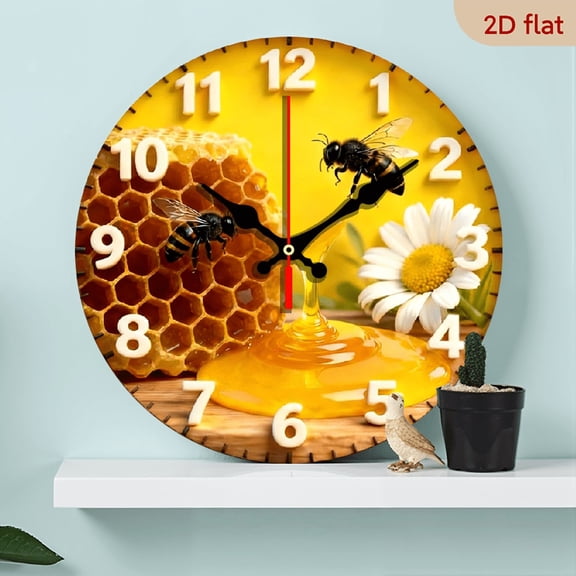 2D Flat 1pc Honey Bee Theme Natural Style Wall Clock - Wooden wall clock, silent round wall clock - Perfect decoration for bedroom, living room, office, kitchen and bathroom - 10 inches