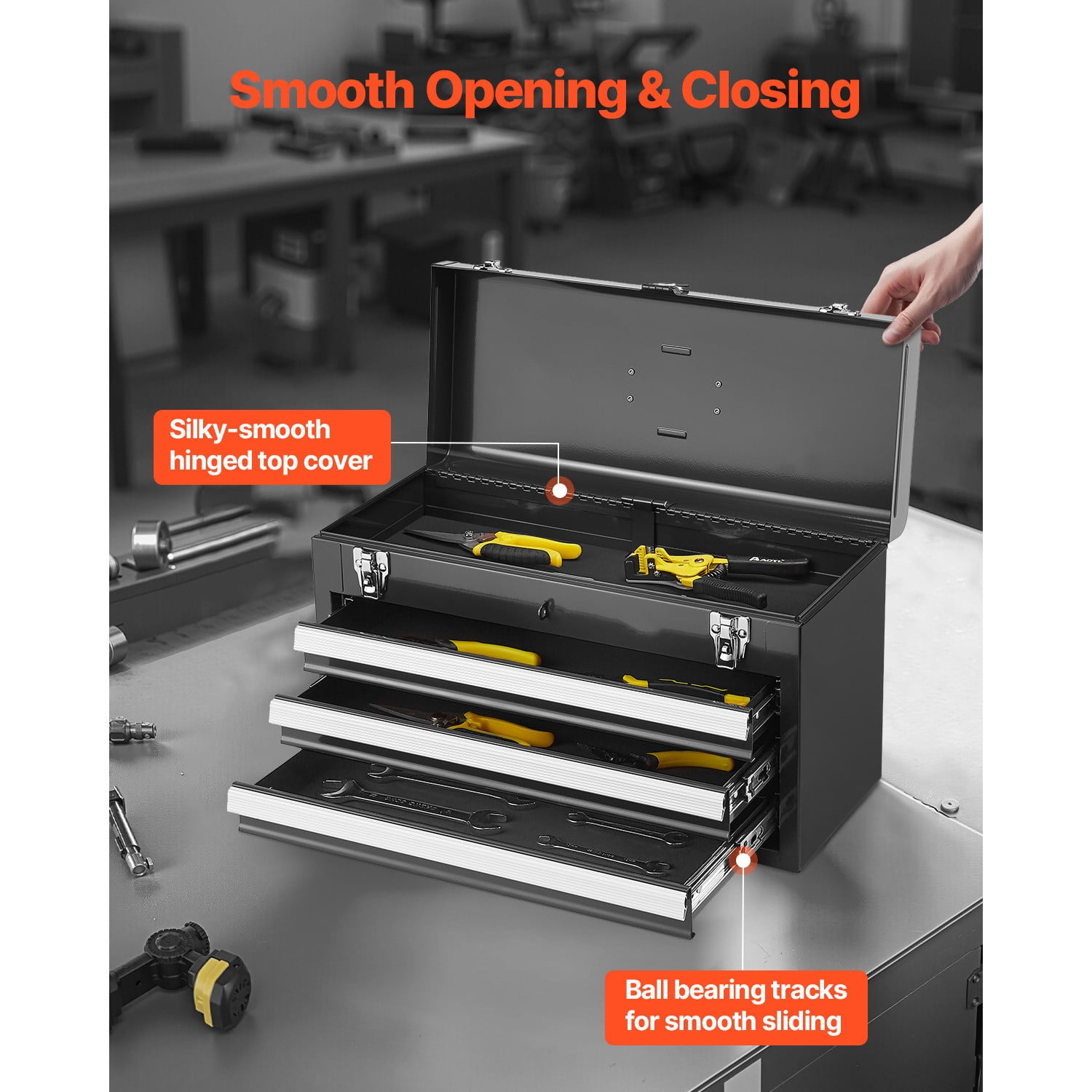 Durable 20.5-Inch Portable Metal Tool Box in Black with 3 Drawers Organizer