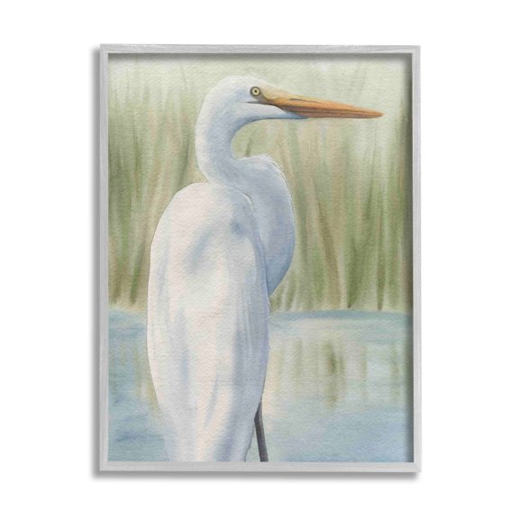 Stupell Industries Egret Marshland Painting Animals & Insects Painting Gray Framed Art Print Wall Art, 11 x 14