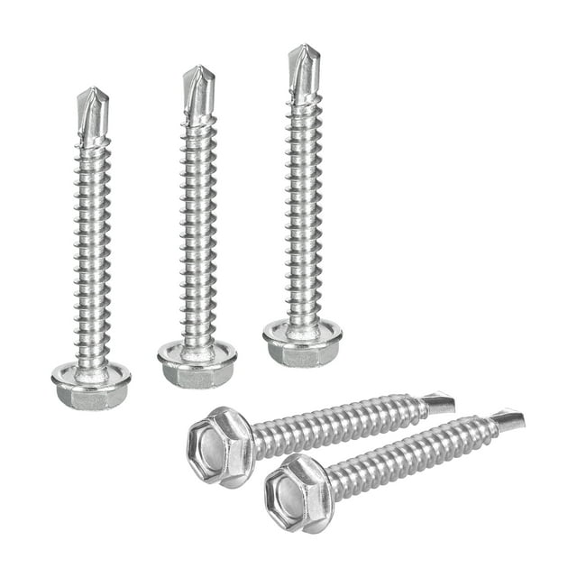 Uxcell 100 Paquete #10 x 1-1/2" Tornillos autorroscantes, Tornillos autoperforantes de acero inoxidable 410 para metal, Cabeza de arandela hexagonal para chapa metálica