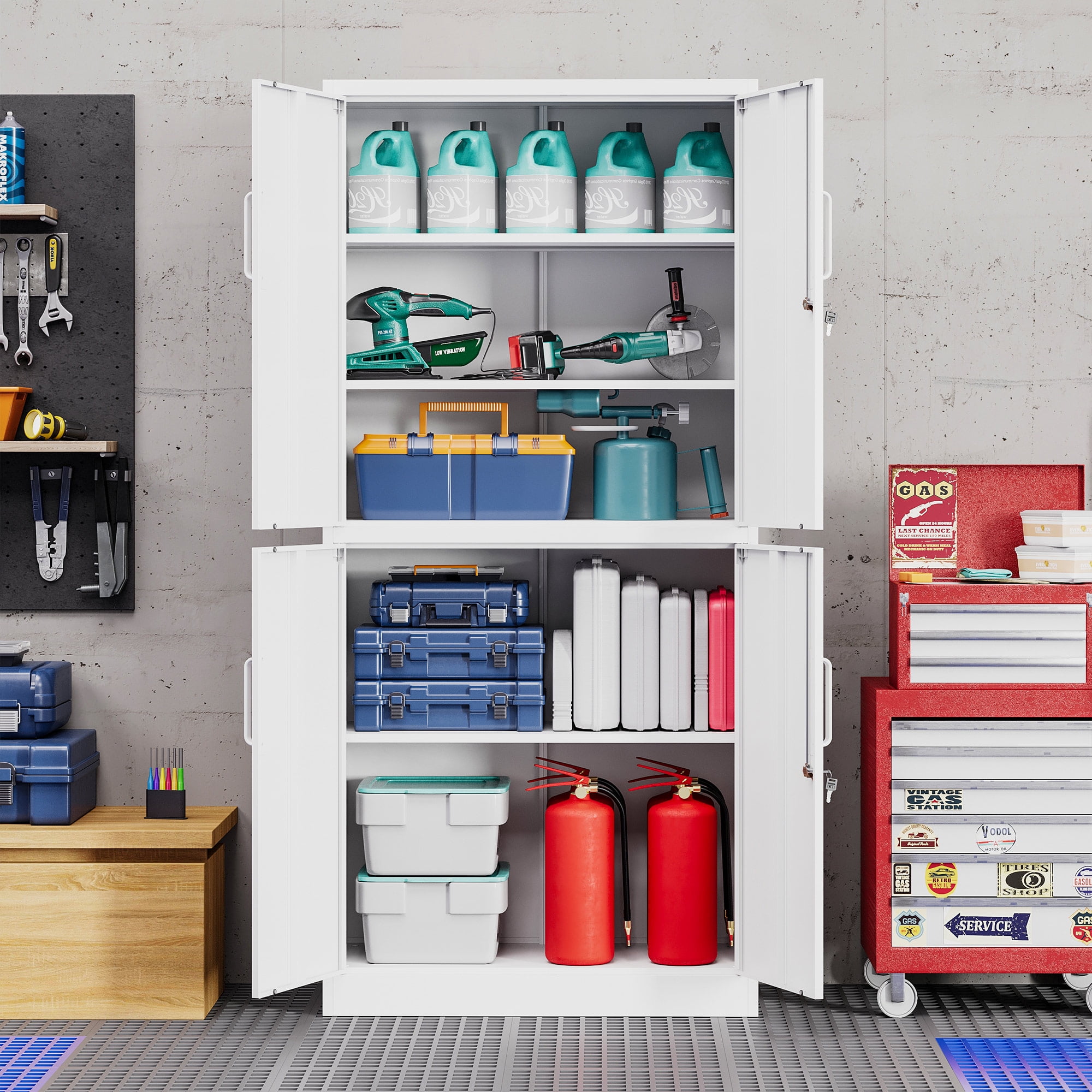 STANI Metal Storage Cabinet, White Garage Tools Utility Cabinet,4 Doors & 3 Adjustable Shelves, Steel Locker with Lockable Door for Office, Home, Pantry