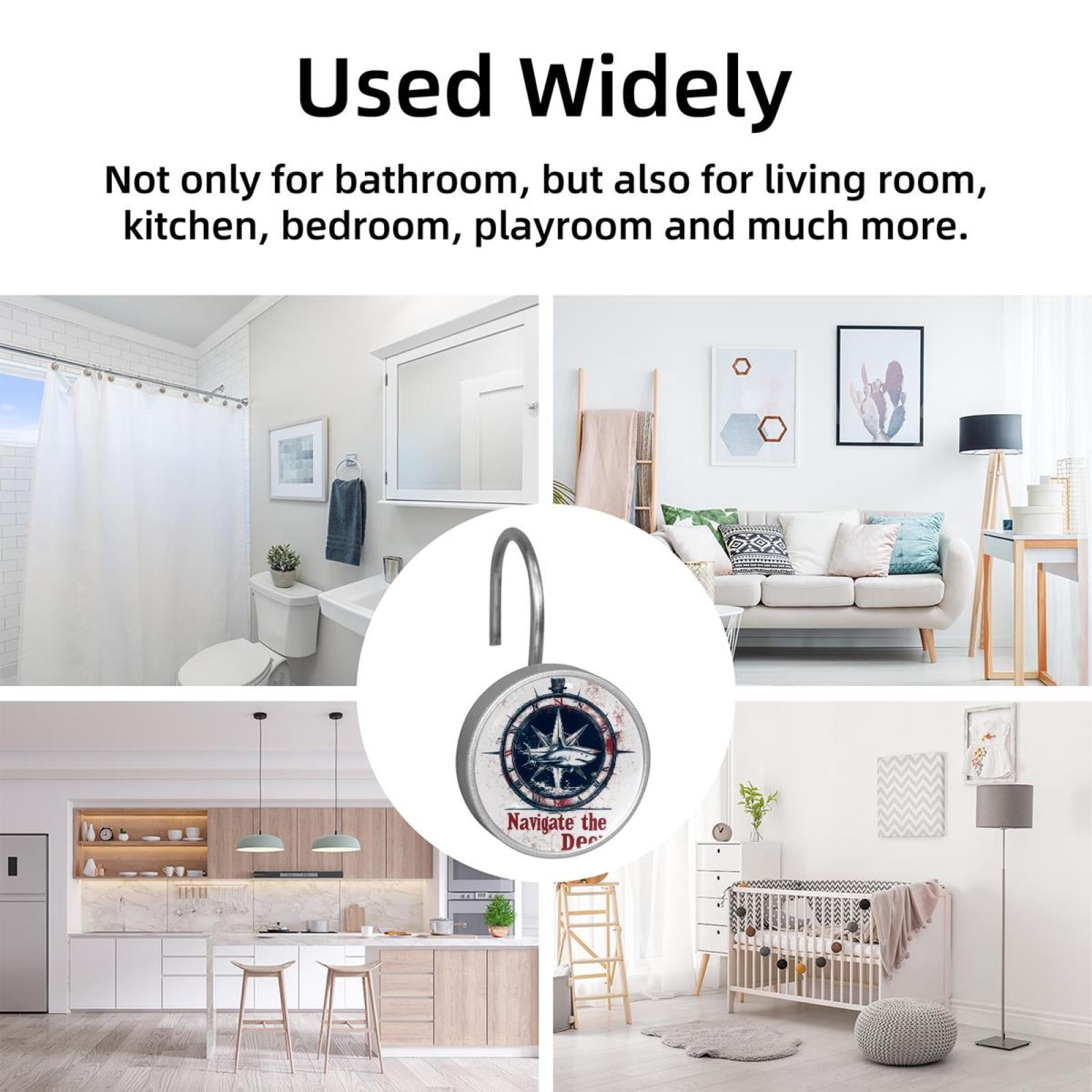 12pcs Decorative Shower Curtain Hooks, Rust Resistant Shower Rings for Bathroom Living Room,Rustproof Stainless Steel Rings for Shower Curtain and Liner Rods,Navigate the Deep Shark
