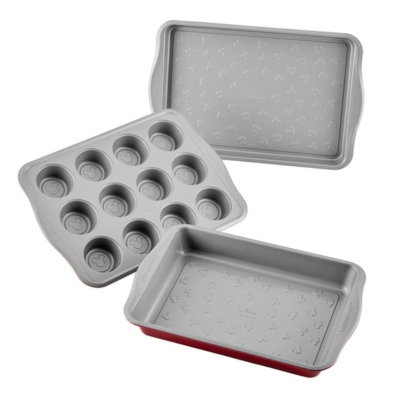 Farberware Disney Bake with Mickey Mouse 3 Piece Cake, Muffin, and Baking Sheet Pan Set, Red