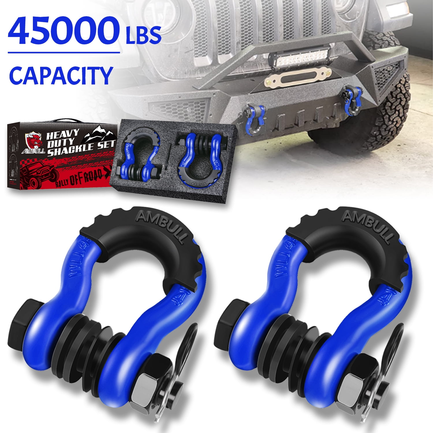 AMBULL Shackles 3/4 Inch D Ring Shackle (2 Pack) 45,000lb Break Strength with 7/8 Inch Pin, Isolator and Washer Kits for Use with Tow Strap, Winch, Off-Road Jeep Truck Vehicle Recovery, Blue