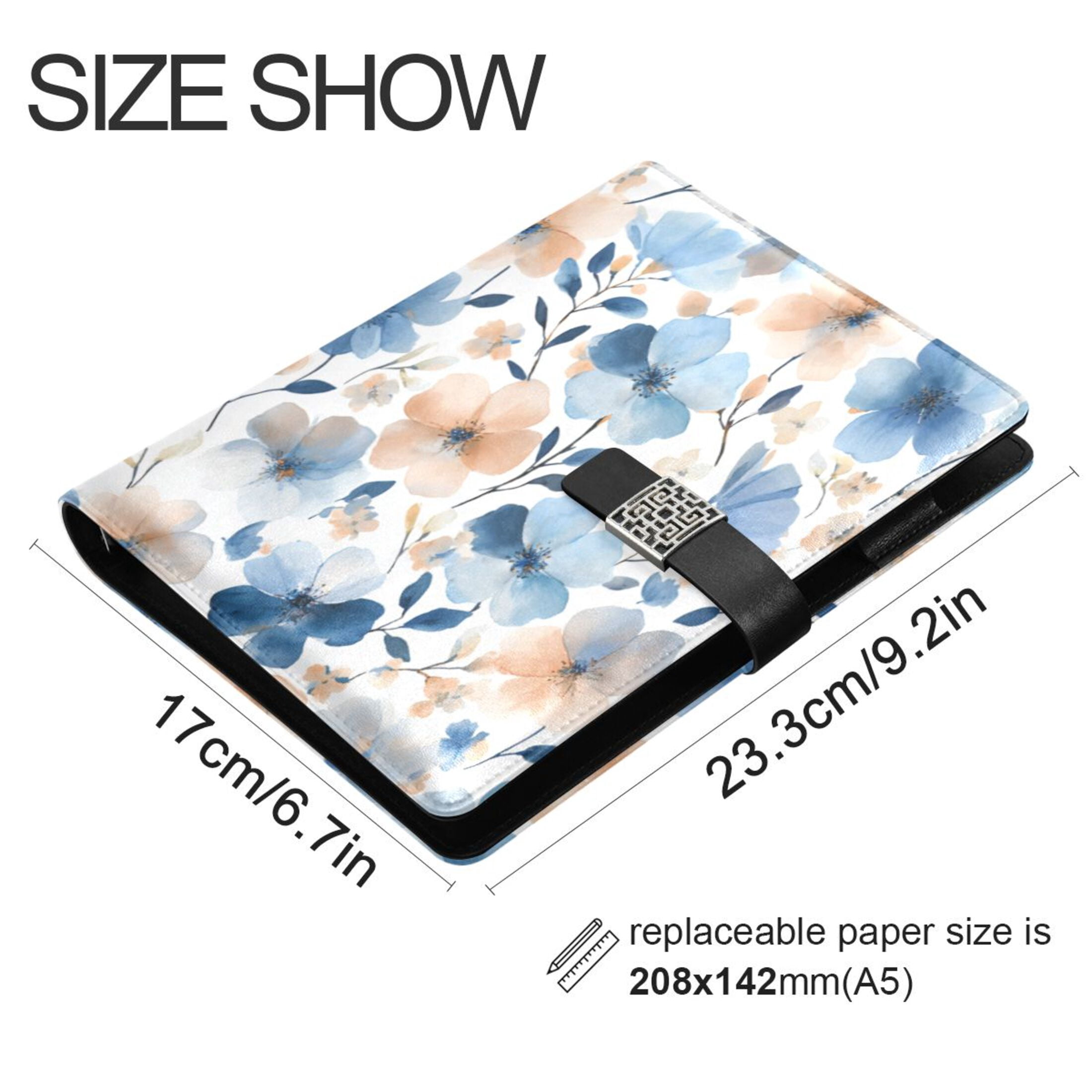 Leather Planner Leather Notebook Notebook Journal Binder Design Pen Pocket Design Convenient for Storage Lovely Watercolor Blue Flowers