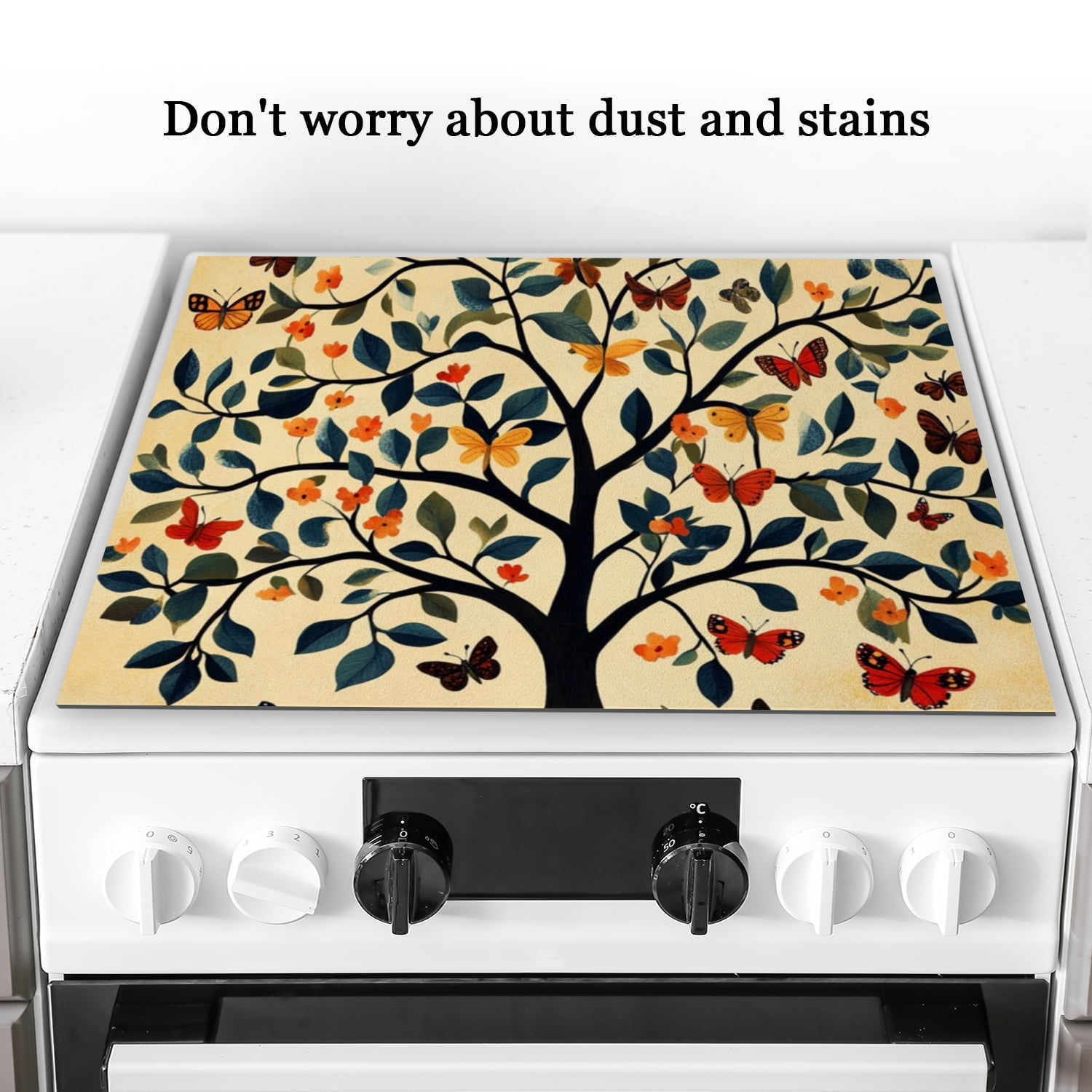 Electric Stove Top Covers, Tree and Butterfly Glass Cooktop Cover Protector, Non-Slip Heat Resistant Range Cooktop Cover Mat for Kitchen RV (28×20 Inch)