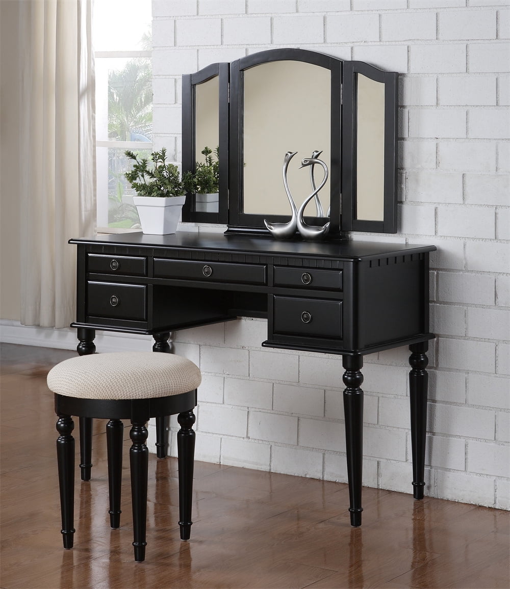 Large Vanity Table Set with Cushioned Stool, Bedroom Vintage Makeup Table with 180° Tri-Folding & 5 Drawers, Beautiful Princess Vanity Desk Writing Desk with Detachable Mirror, Black -