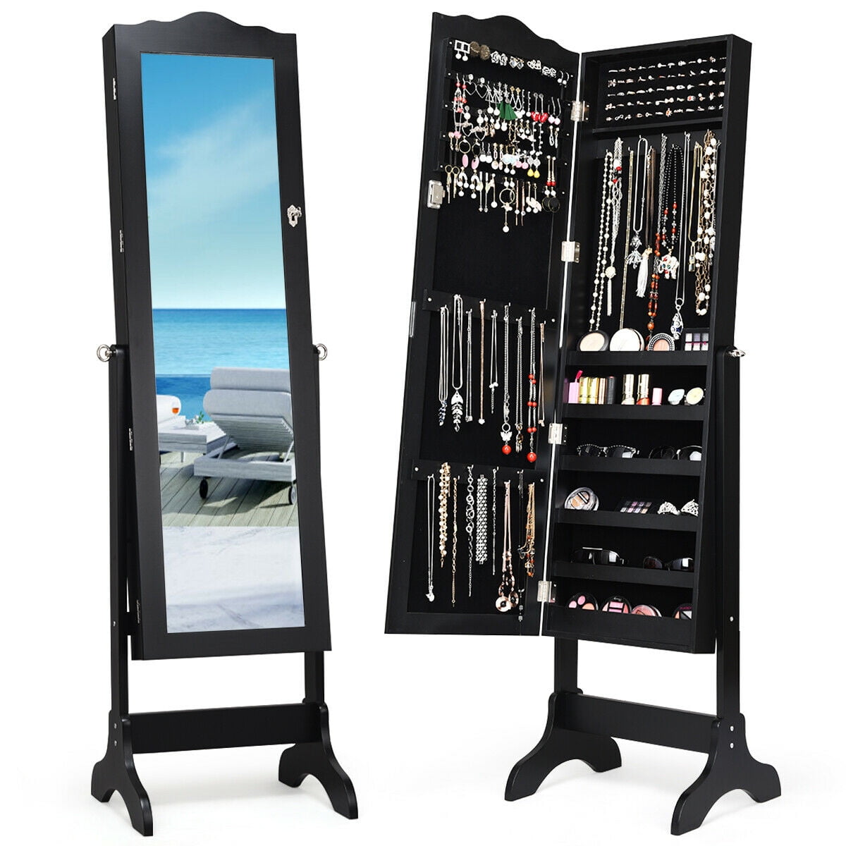 Details about   LED Light Jewelry Cabinet Armoire with Mirror Large Storage 57" Tall Mirrored^ 