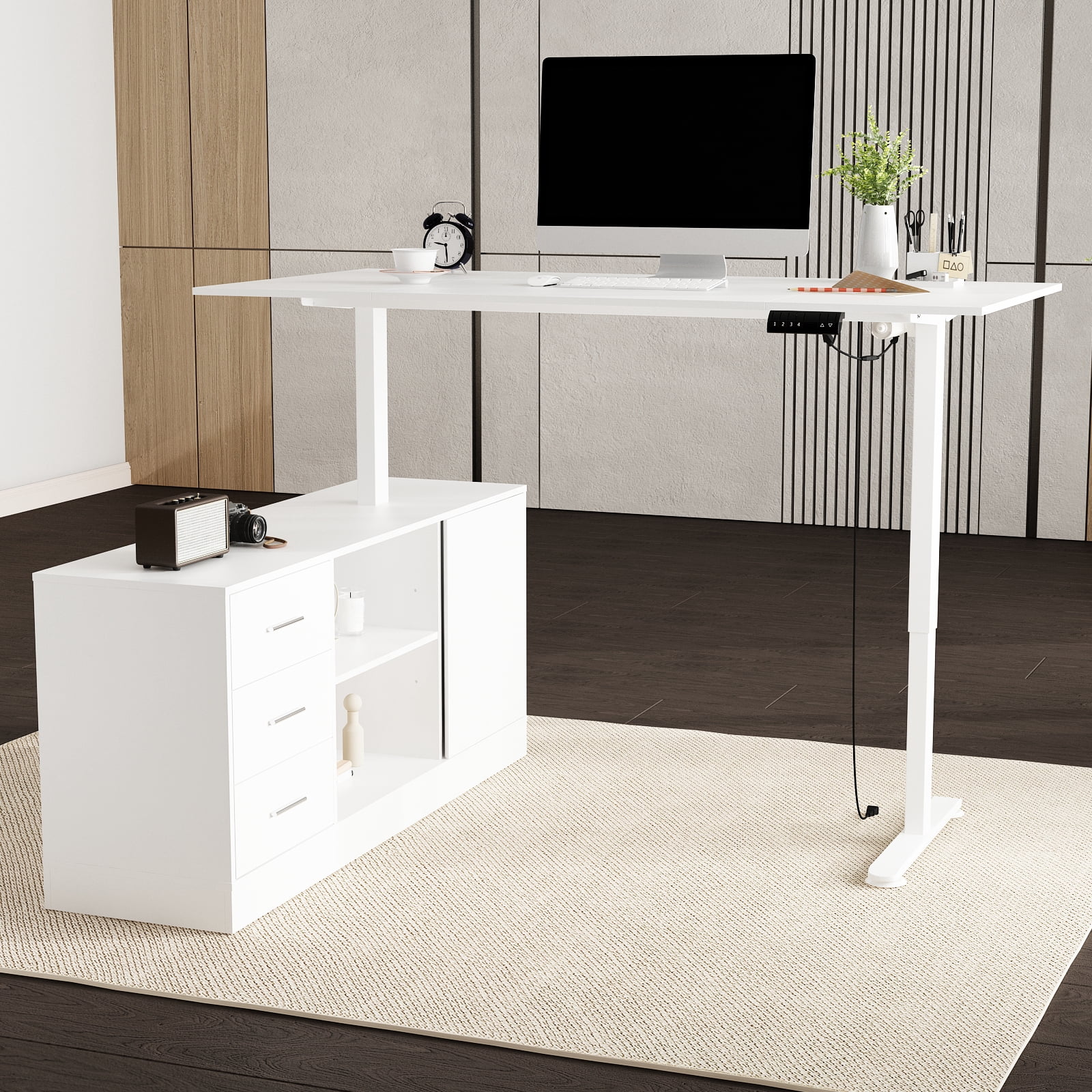 KULAGAGA Height Adjustable Electric Standing Desk with File Cabinet, 55.1 in x 63 in, White