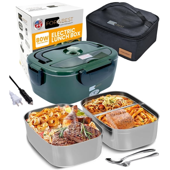 FORABEST Fiambrera eléctrica para adultos con 2 recipientes de acero inoxidable, fiambrera con calefacción rápida de 80 W para adultos 12/24/110/220 V, fiambrera portátil con calentador de alimentos p