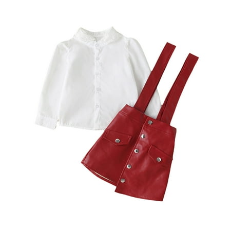 

Raruxxin Kids Girls Two Pieces Clothes Set Floral Lace Collar Long Sleeve Button Shirt PU Leather Button Suspender Skirt Outfits