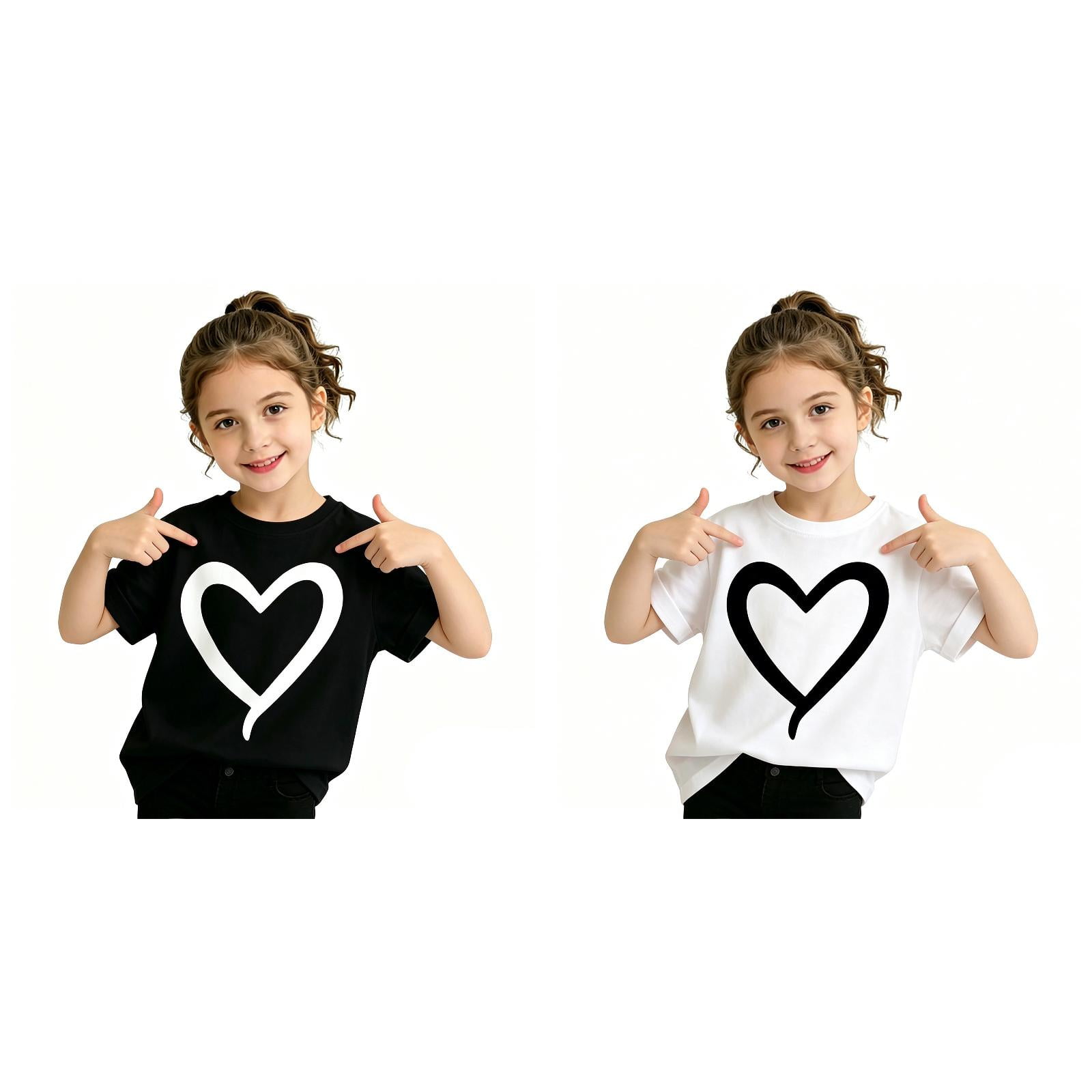 SGMVNU 2 Pack Girl s Summer Fashion T Shirts Short Sleeve Heart Print Graphic Tees Casual Loose Fit Basic Top Size 7-8 Years Black & White