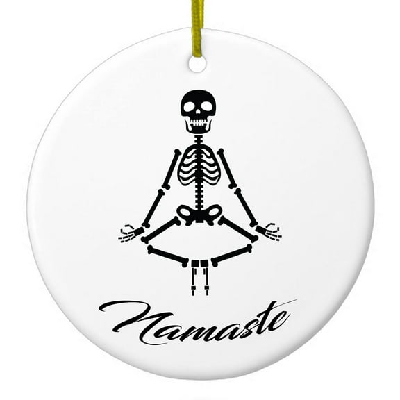 DistinctInk Hanging Ceramic Christmass Tree Ornament with Gold String - Great Gift / Present - 2 3/4 inch diameter - Namaste Yoga Skeleton