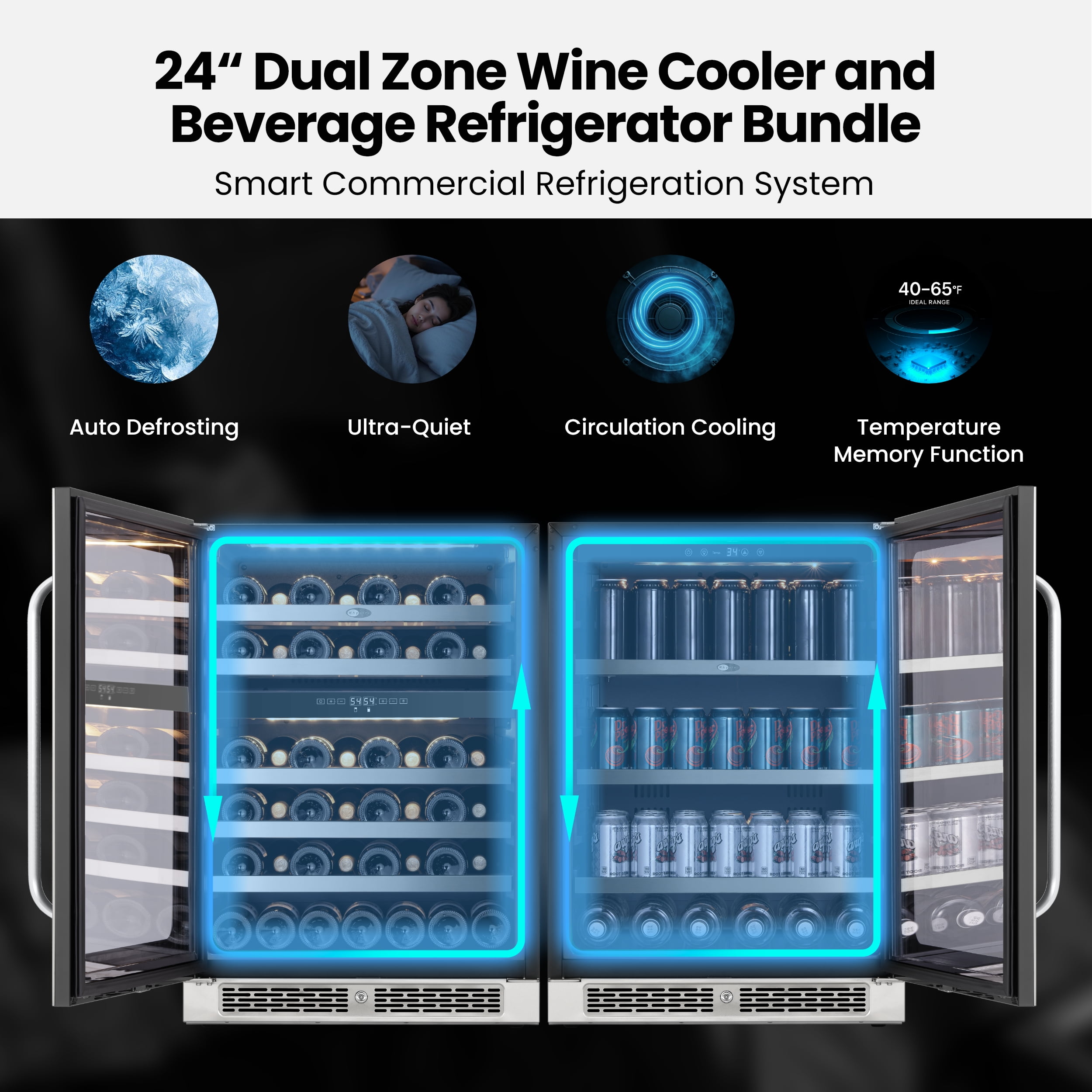 Whynter 48" Wine Cooler and Beverage Refrigerator - 2×24'' Wine Cooler Side by Side - Dual Zone Under Counter Fridge, Hold 140 Cans and 46 Bottles