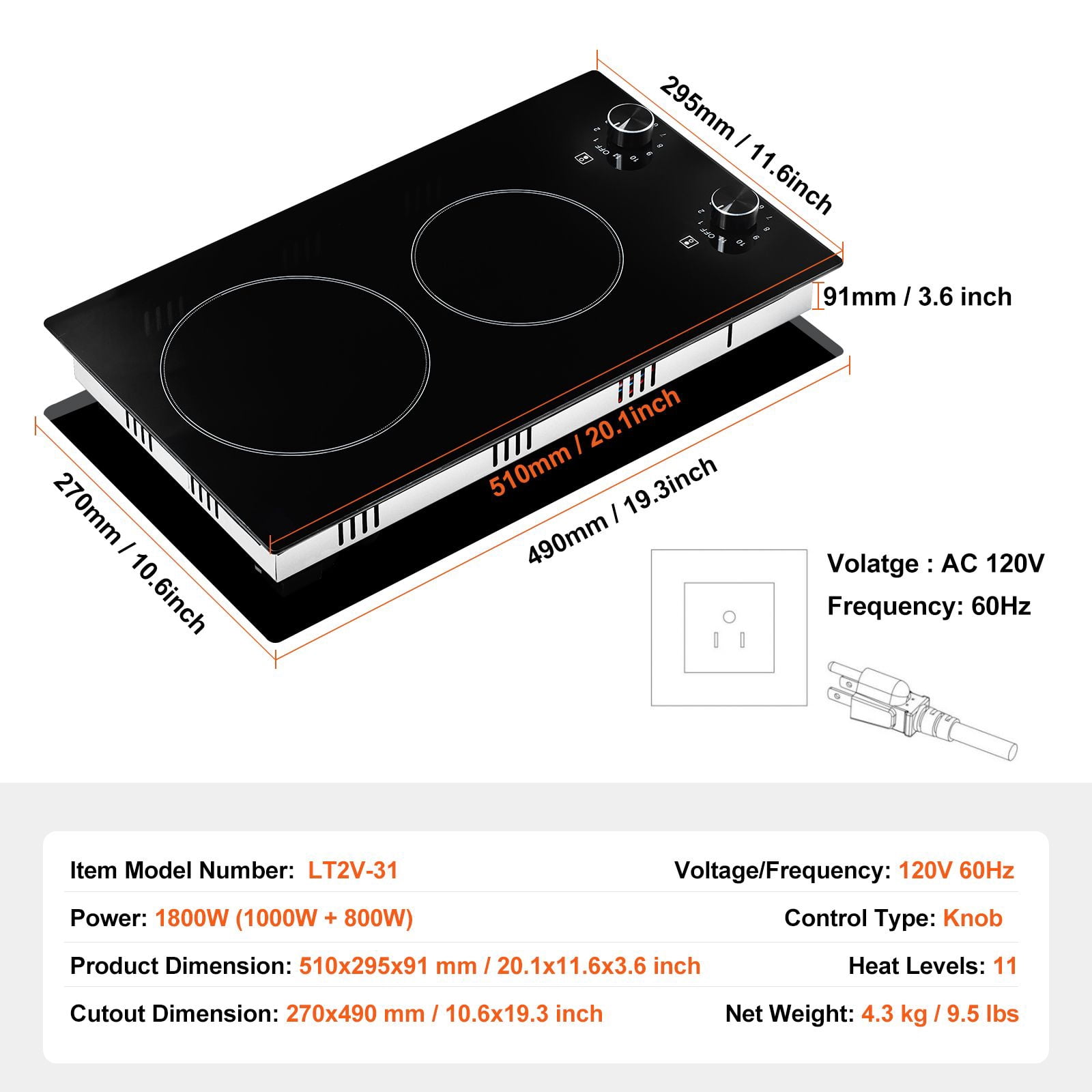 12 inch Electric Cooktop Built-in Stove Burner, 120V, Power 1800 W, 1800W High Power, 1800W Ceramic Top Radiant Cooktop, for restaurant cafe food truck catering and home kitchen use