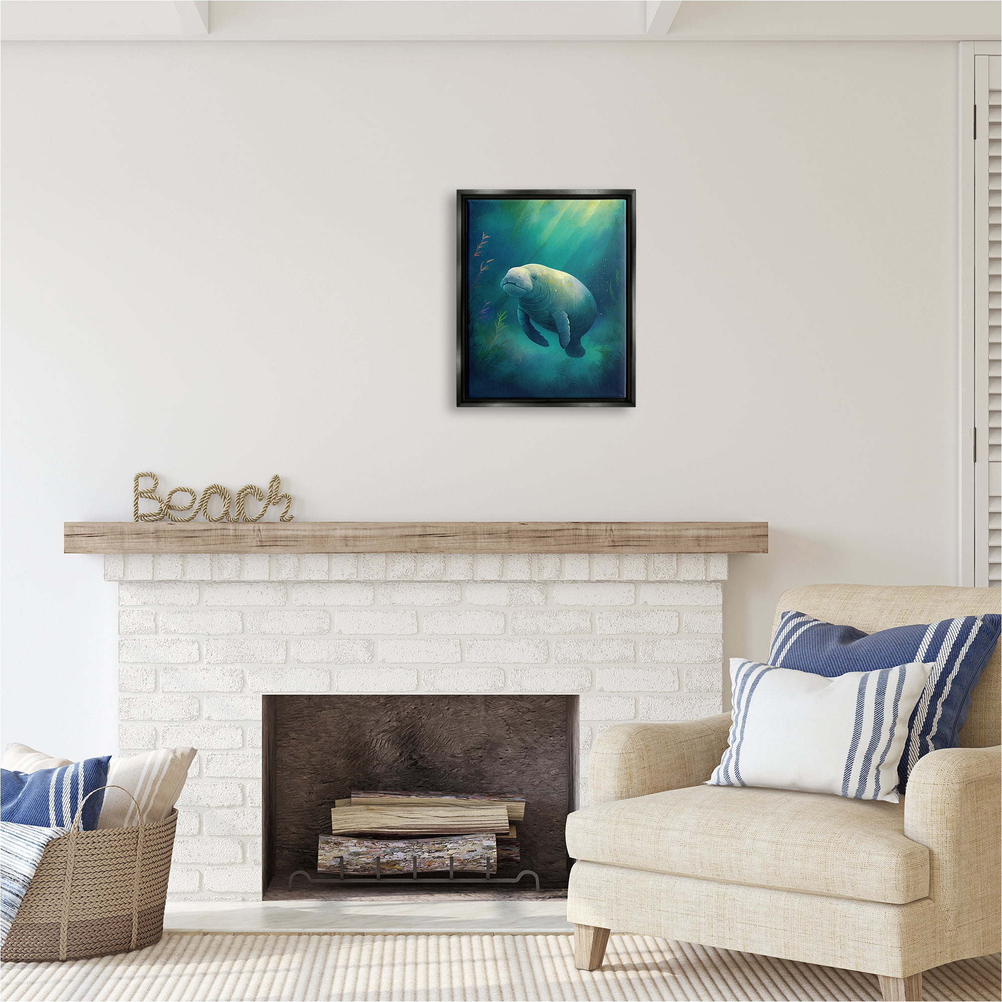 Stupell Industries Manatee Underwater View Animals & Insects Painting Black Floater Framed Canvas Art Print Wall Art, 17 x 21