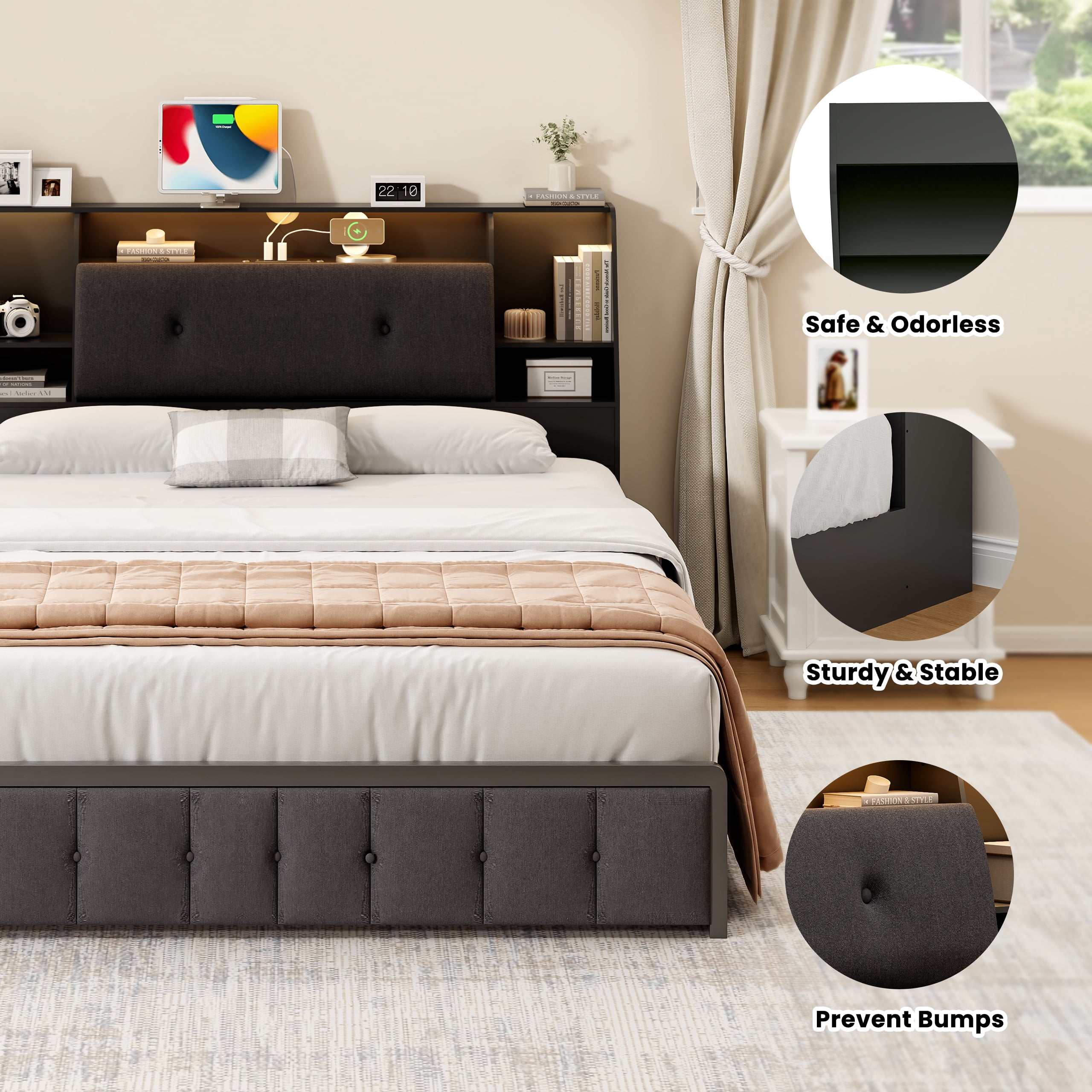 Someet 2 in 1 Queen Size Removable Upholstered Bookcase Headboard with 2 USB & 2 Type-C Port & Power Outlets & LED Light, Black