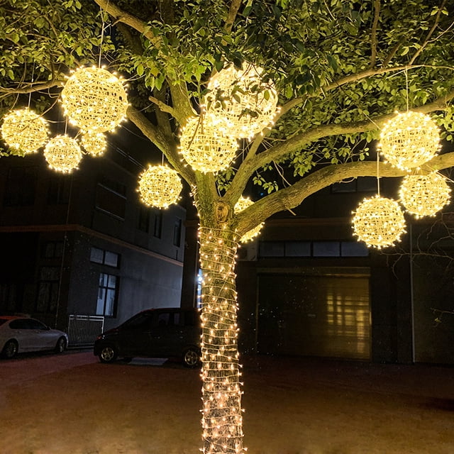 Lámpara de bola de ratán LED para exteriores, impermeable, para colgar en forma de árbol, para jardín, decorativa para calle, para Navidad