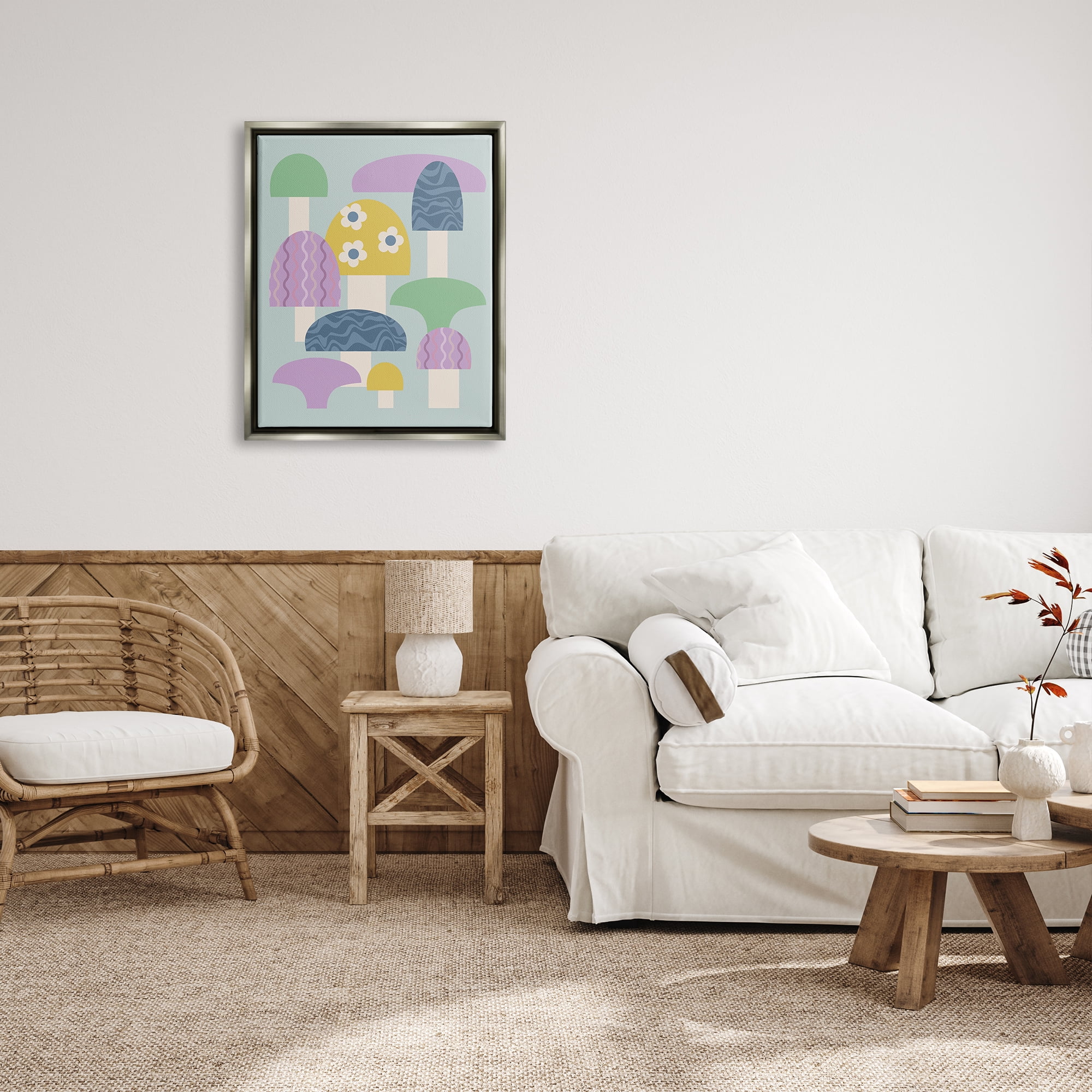 Stupell Industries Pastel Retro Mushrooms Botanical & Floral Painting Gray Floater Framed Canvas Art Print Wall Art, 25 x 31